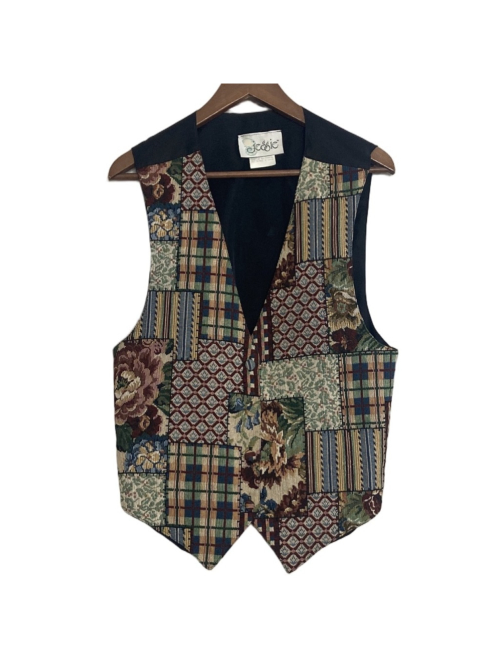Vintage Tapestry Vest Women XL Red Blue Patchwork Floral Stripes 90s Country Mom